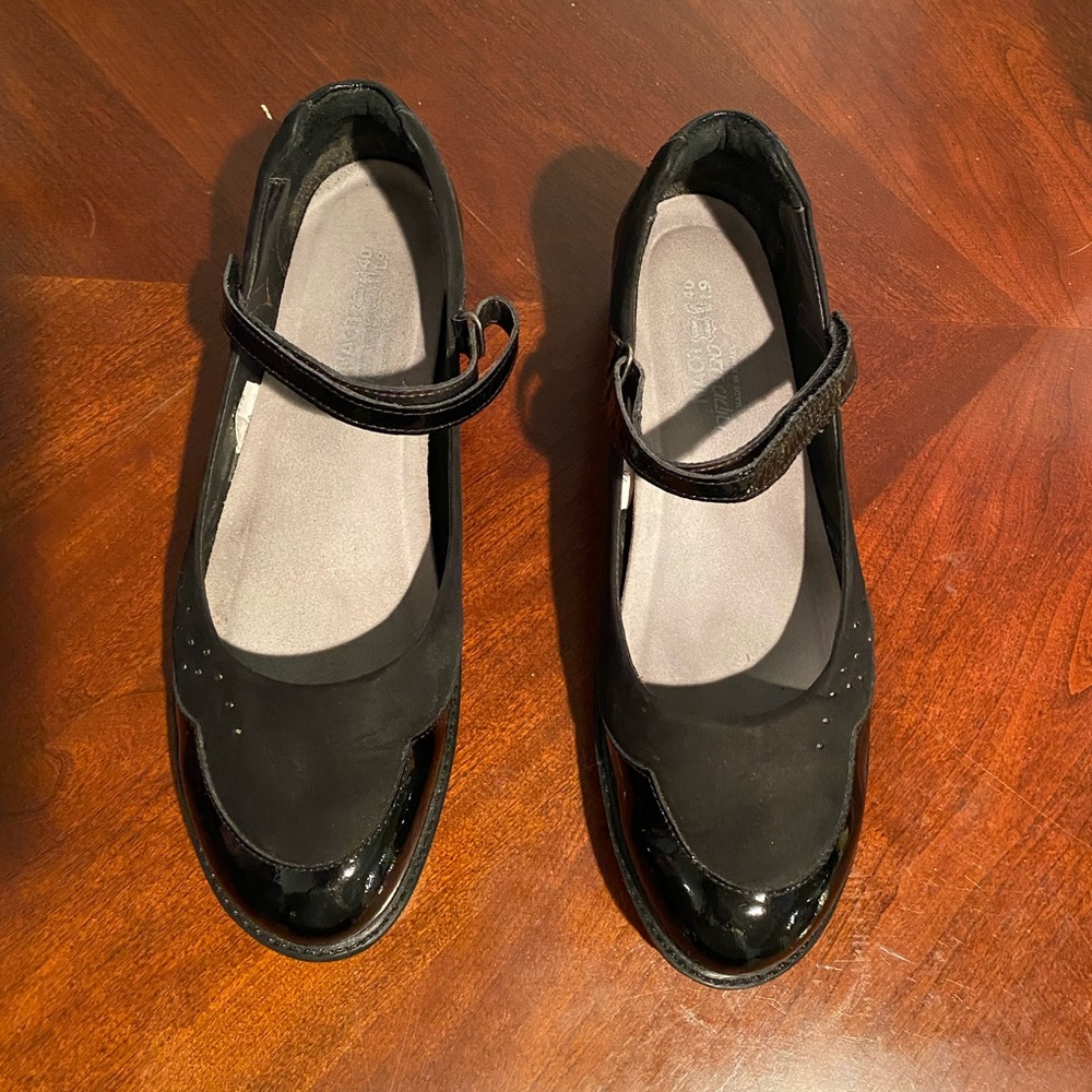 Naot, low heel, black suede and patent leather Mary Jane shoes